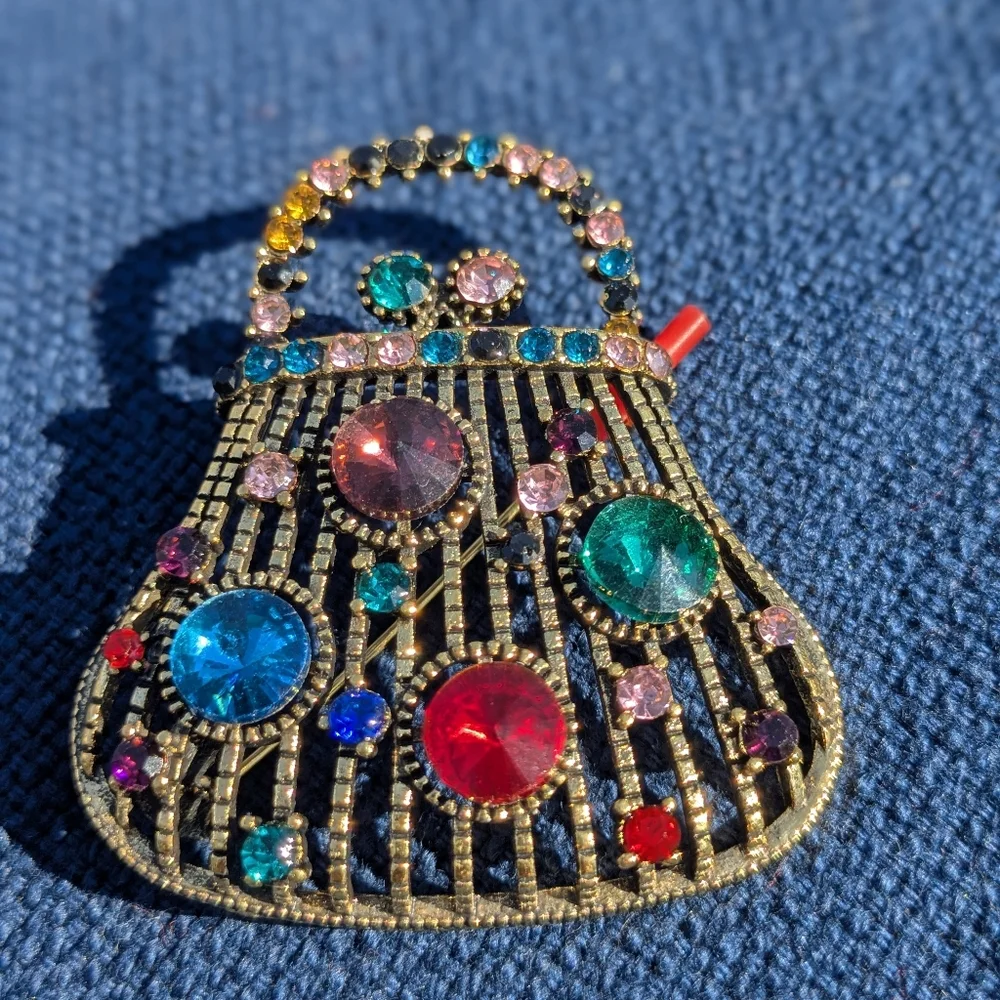 Vintage Gold Tone Retro Handbag Brooch